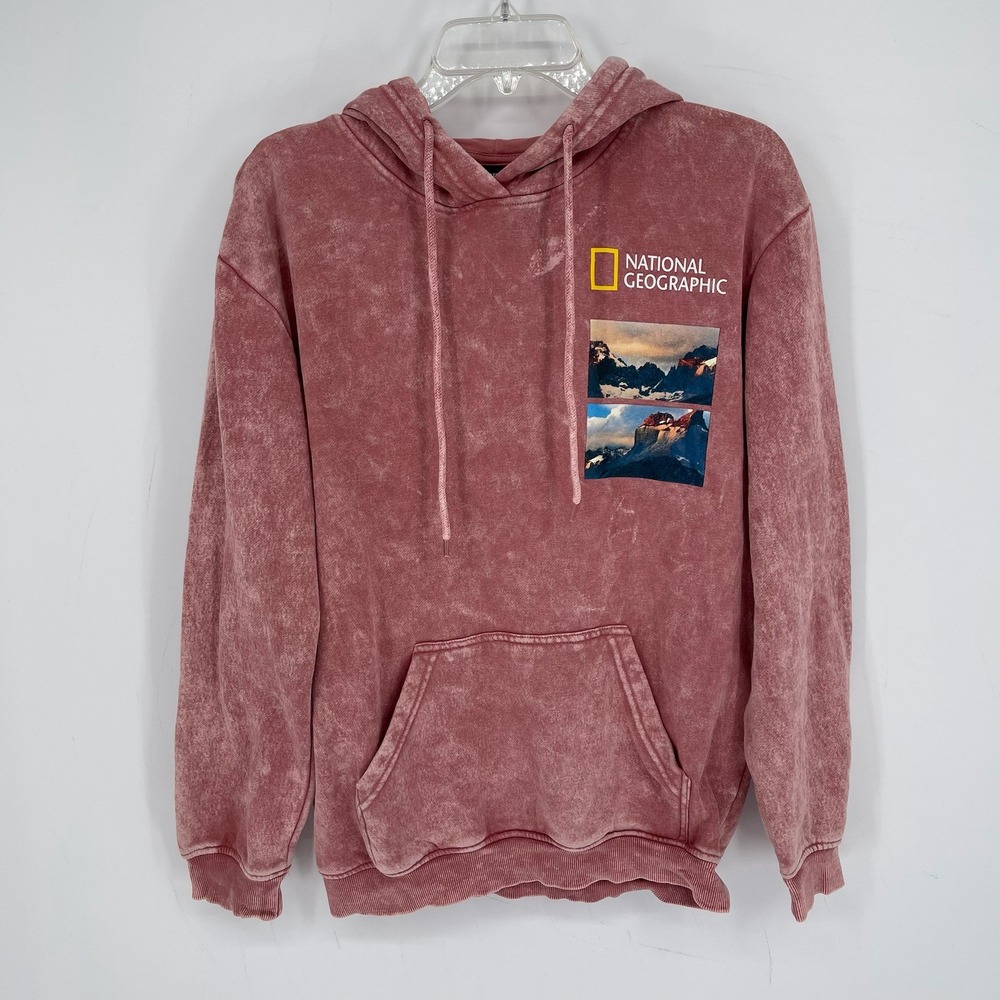 National Geographic Men's Pink Acid Wash Patagonia Chile Graphic Hoodie Size S